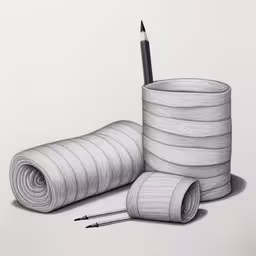 a pencil drawing with several rolled up paper,pencil drawing of some rolls of paper and pen
