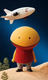 a cartoon figure has a toy airplane flying