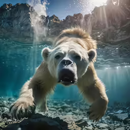 a large polar bear submerged in some water