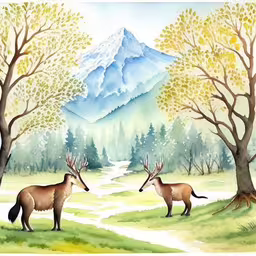 two deer are standing by the trees in the woods,a painting of deer standing in a forest