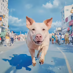 a very big cute dog running down the street