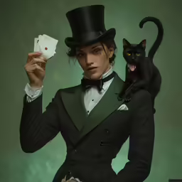 there is a woman holding a black cat and playing cards