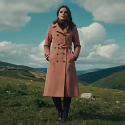 a woman stands in the middle of a field