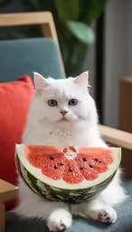 white cat sitting on a chair with a plate of watermelon