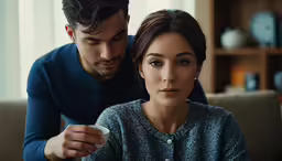 a man looking at a woman holding a controller