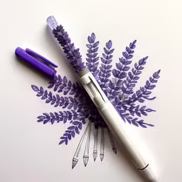 two pens on top of a paper cut out of flowers,a pen that is sitting on some purple flowers,two markers and two purple flowers are lying next to each other,two purple fountain pens sitting next to each other,a pen and its cap are sitting next to some lavender colored flowers