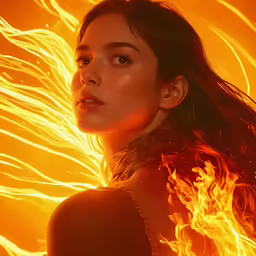 woman with long hair, in gold and yellow flames
