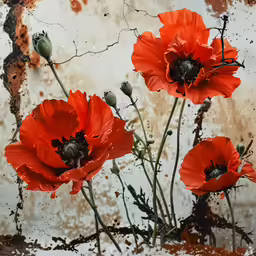 a painting of red flowers next to a rusted metal wall