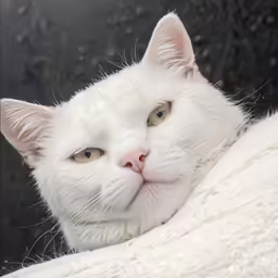 the white cat has large brown eyes