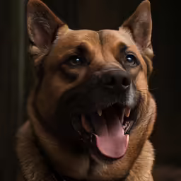a close up of a dog panting in the dark