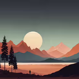 a view of a mountain range with pine trees, and the sun setting,mountains with trees against a sunset