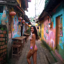 a beautiful woman in a bikini standing in an alley,a beautiful young lady in a bikini standing in the alley way