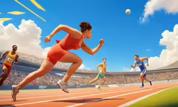 a woman runs toward an olympic - style track