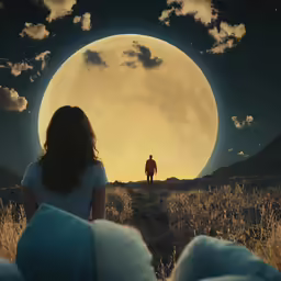 two people are watching the moon set in the sky