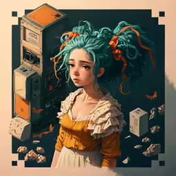 an image of a girl standing next to an old radio