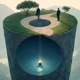 a person standing on a large lake next to another one