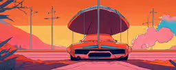 this is a car parked on the side of the road,an orange sports car with a large boat on top