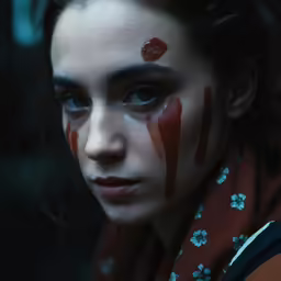 a woman with makeup covered in blood