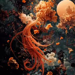 a painting with a orange haired woman standing in the midst of flowers