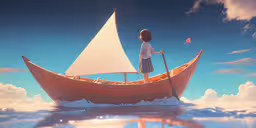 the little boy is riding on the sailboat,a woman stands on a boat in the middle of the ocean