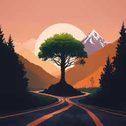 a tree stands in front of a mountainous landscape,an image of the sun setting on a country road