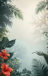 flowers and tropical leaves on a misty day