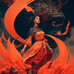 a woman in a red dress is standing next to orange fire and a dragon