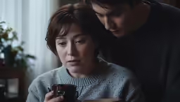 a man is looking at a cup as he holds it