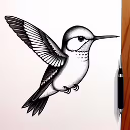a drawing of a hummingbird resting on the wall,a drawing of a bird with a long wing