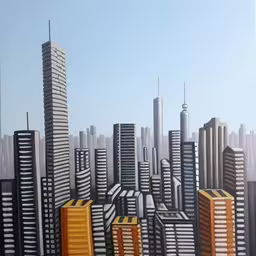 large painting of city in black and white with orange chairs
