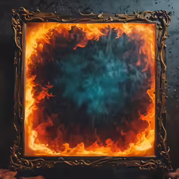 a square object made out of fire is displayed in the background