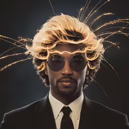 a man with a wig and sunglasses on with sparklers