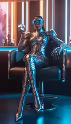a woman in silver is sitting down