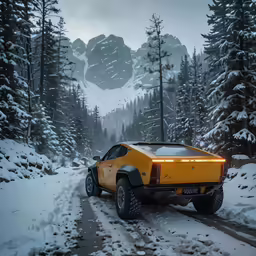 a suv traveling down a road covered in snow