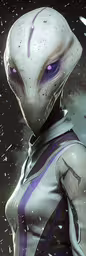 a person wearing an alien like outfit and purple eyes,an alien woman standing in a space station wearing white and purple