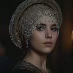 the lady of shalott is dressed in a turban and head piece