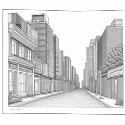 a drawing of the view down an alley in a city,an illustration of a cityscape in a sketch,a black and white drawing of a narrow street with buildings on both sides,this is a drawing of a city street,pencil drawing of buildings and street with one car driving down the street