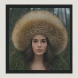 a girl with a large fur hat looking into the distance