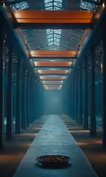 a long hallway that has lights on it