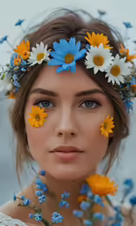 a woman with yellow and blue flowers around her head