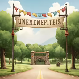 a painting shows a welcome sign that reads unemecepiets