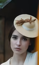 a woman wearing a hat has brown hair
