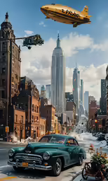a yellow plane flying over a city covered in snow