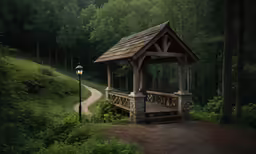 a wooden pavilion with a light on it and trees in the background