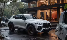 a white suv parked in front of a building