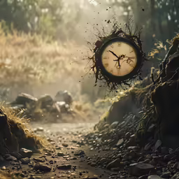 a small clock suspended from the ceiling in a wooded area