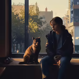 a woman sitting on a ledge next to a cat