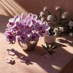 some purple flowers in a metallic vase on a table