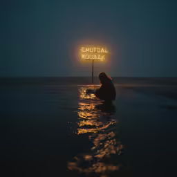 a person kneeling in the ocean in front of a sign that reads, emotial moutasak