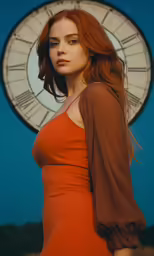 a woman with red hair poses near a clock